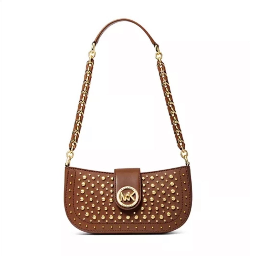 Michael Kors Carmen leather studded shoulder bag pouchette chain strap luggage